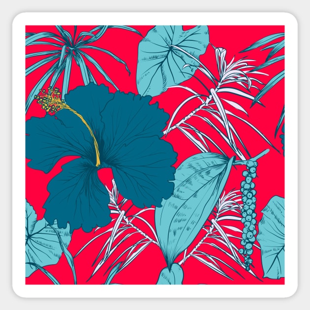 Tropical exotic flowers and leaves Sticker by Olga Berlet